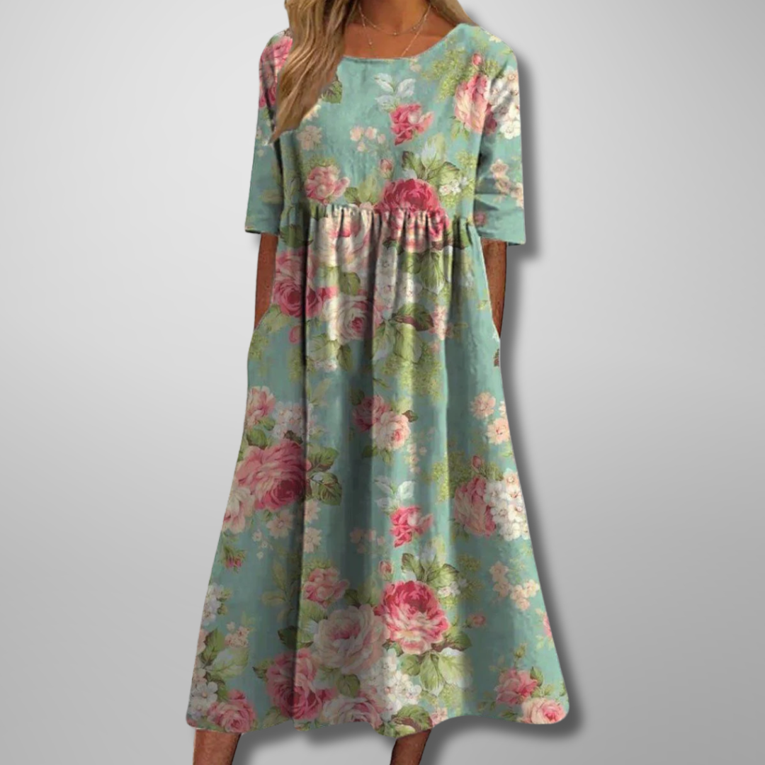 Christa | Women’s Botanical Print Midi Dress with Short Sleeves