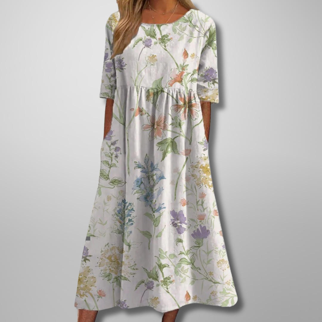 Christa | Women’s Botanical Print Midi Dress with Short Sleeves
