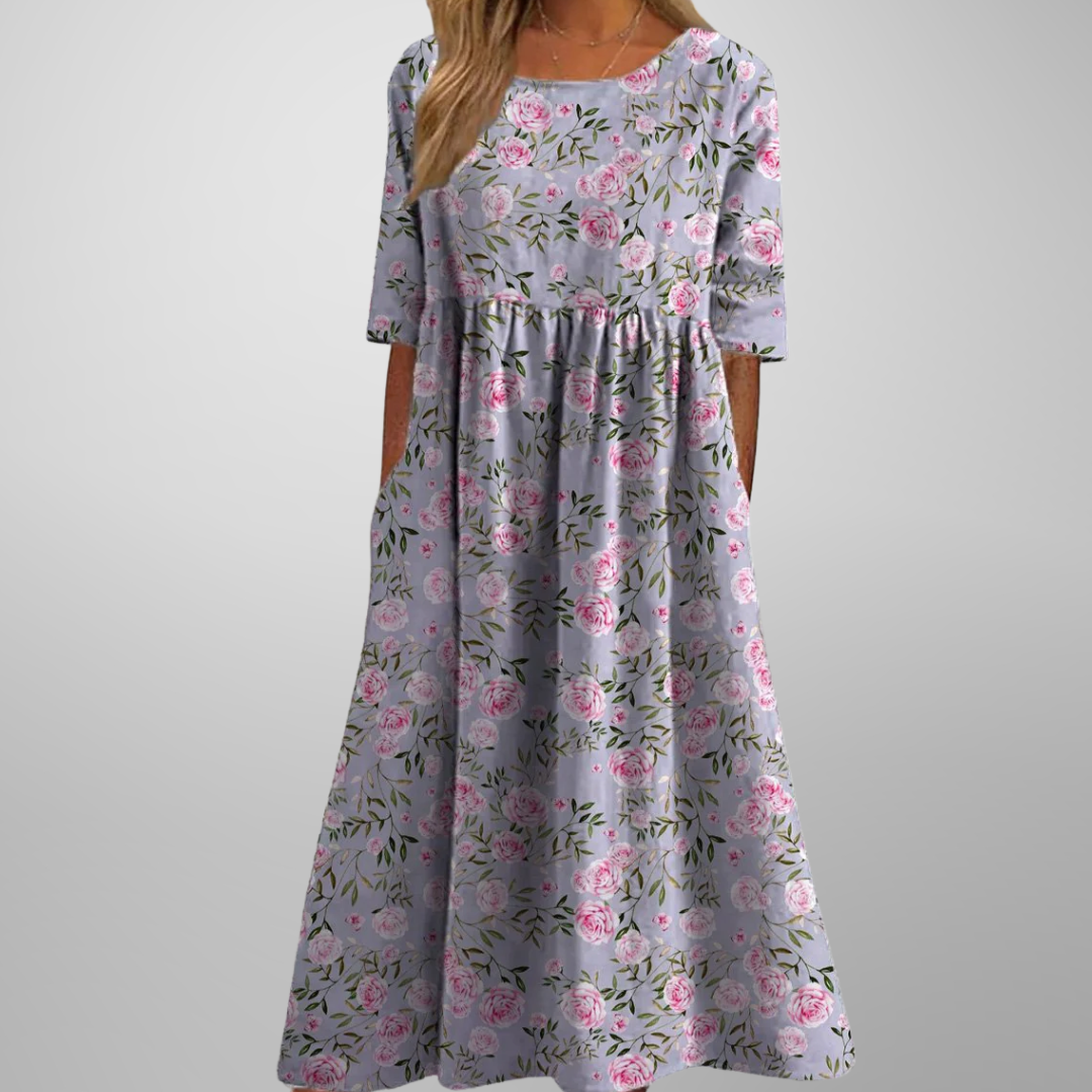 Christa | Women’s Botanical Print Midi Dress with Short Sleeves