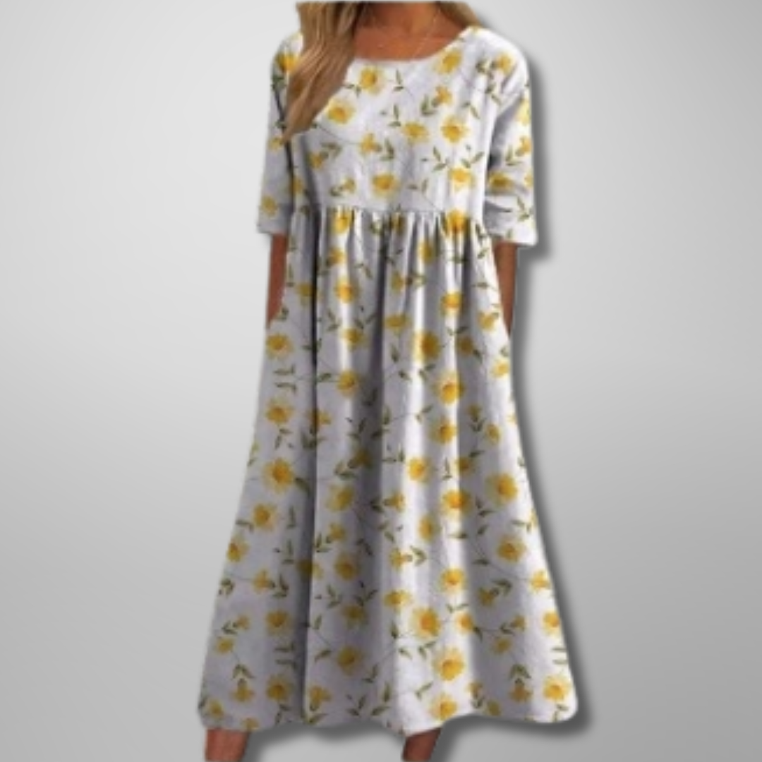 Christa | Women’s Botanical Print Midi Dress with Short Sleeves
