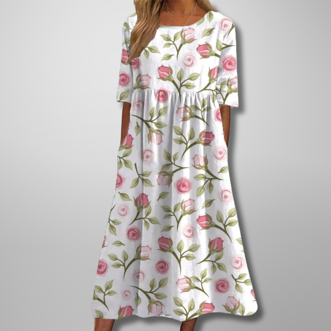 Christa | Women’s Botanical Print Midi Dress with Short Sleeves