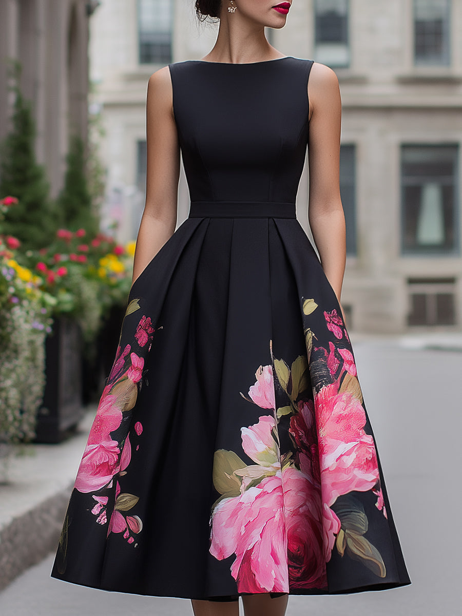 Clarissa | Women’s Black Floral A-Line Midi Dress with Boat Neck