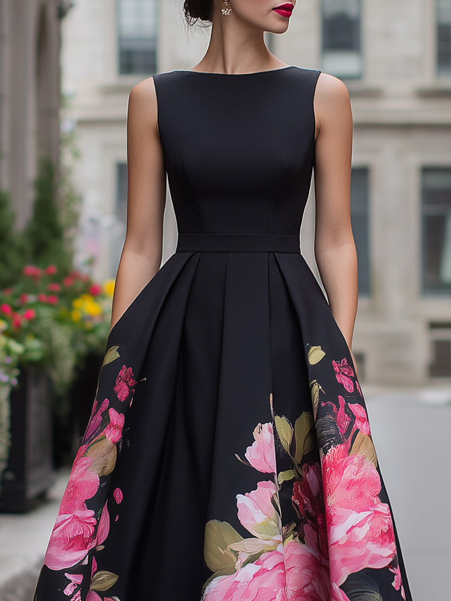 Clarissa | Women’s Black Floral A-Line Midi Dress with Boat Neck