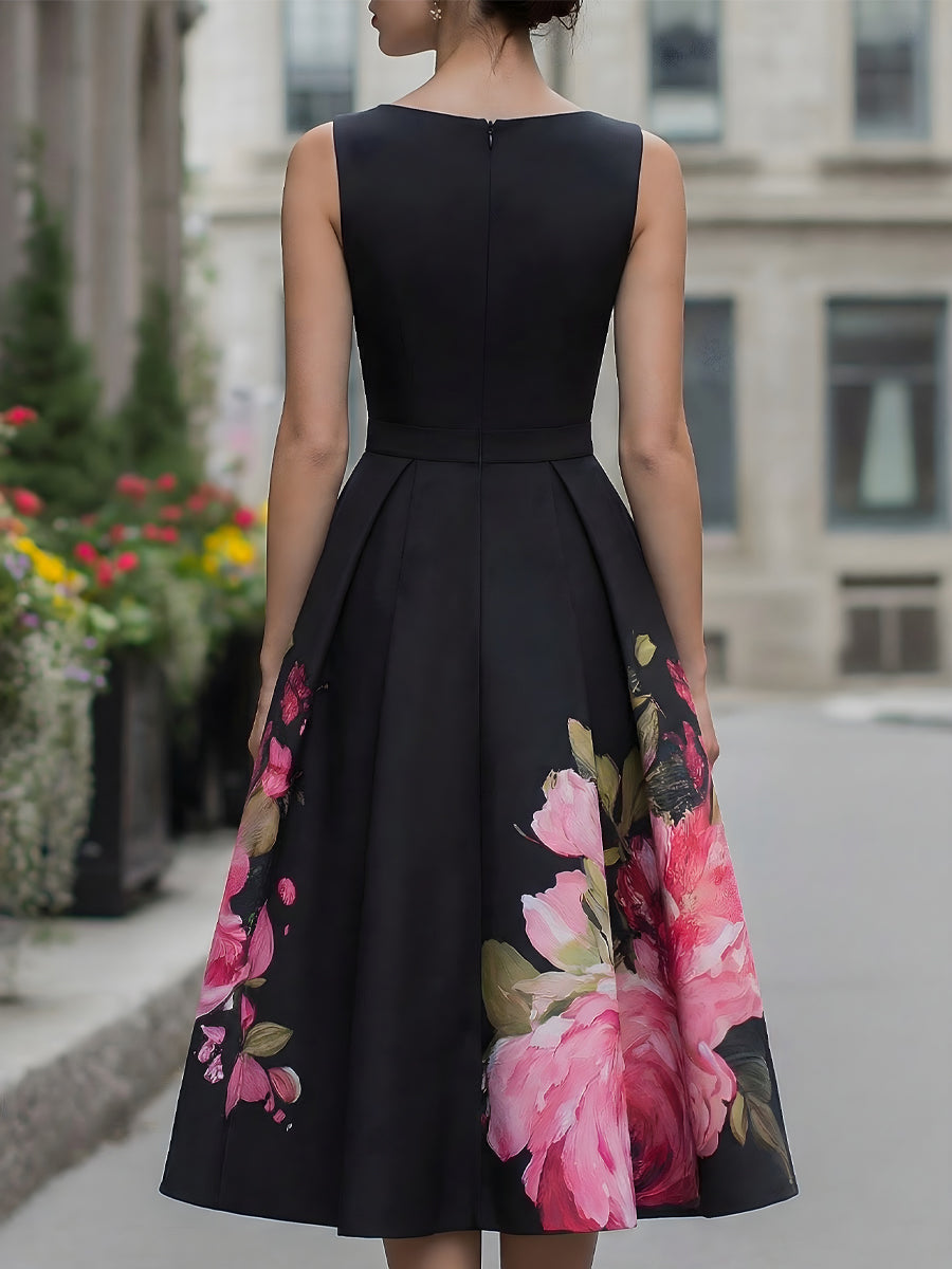 Clarissa | Women’s Black Floral A-Line Midi Dress with Boat Neck