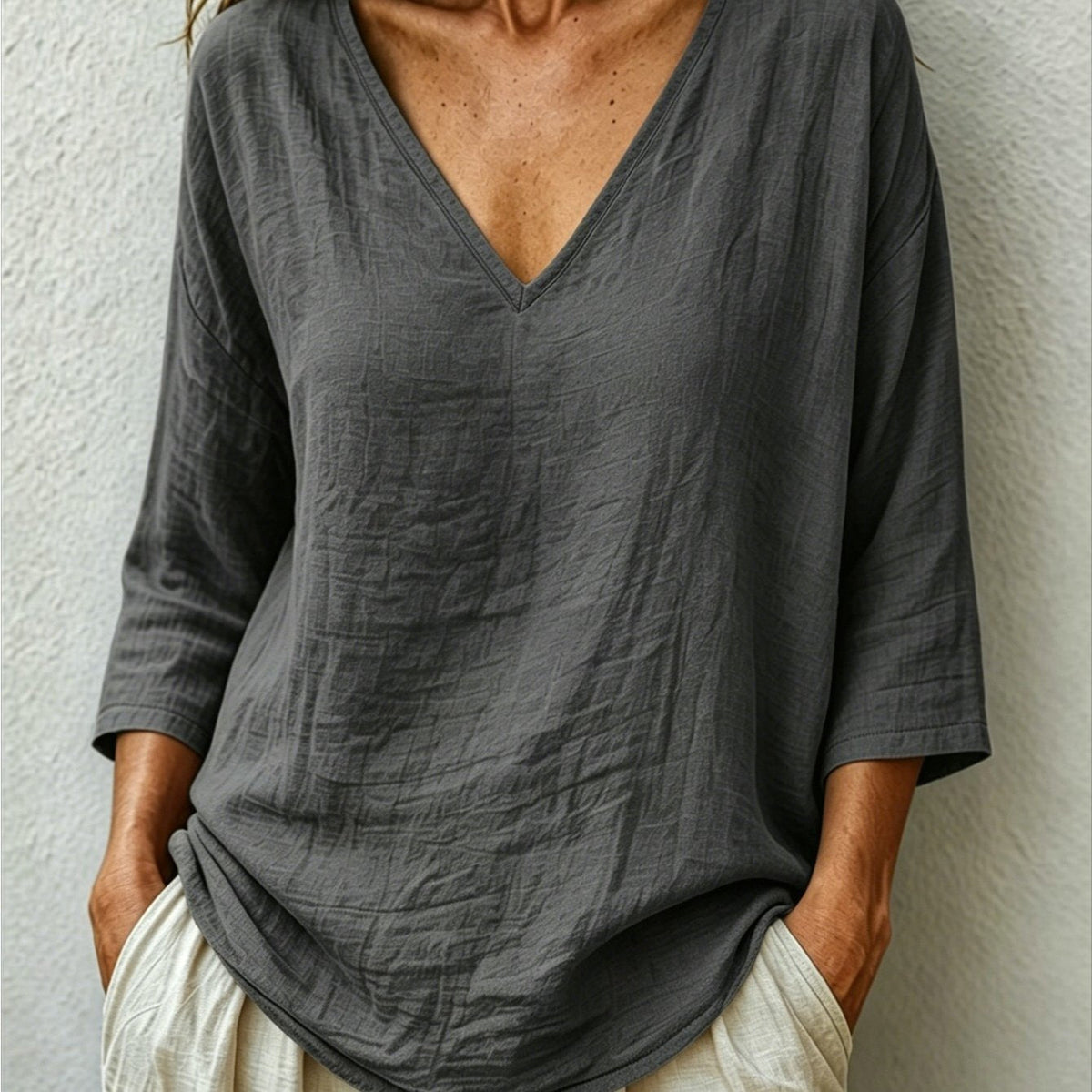 Claudia | Women's Oversized V-Neck Three-Quarter Sleeve Blouse