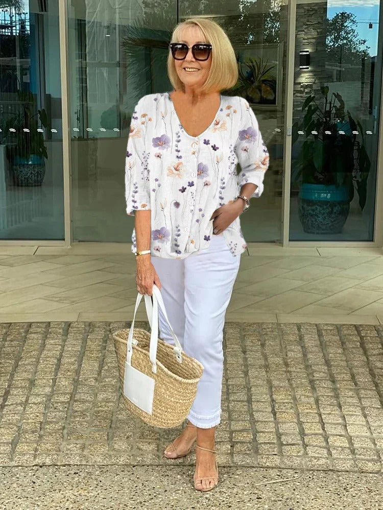 Cora | Women's Floral Print V-Neck Button-Front Blouse