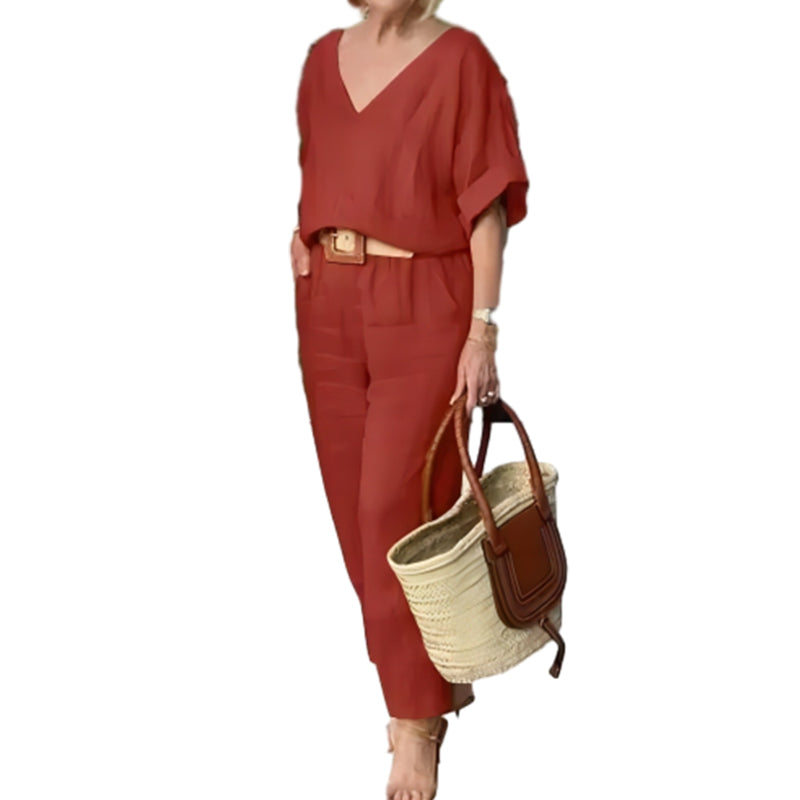 Corazon | Women's V-Neck Two-Piece Set With Straight-Leg Pants
