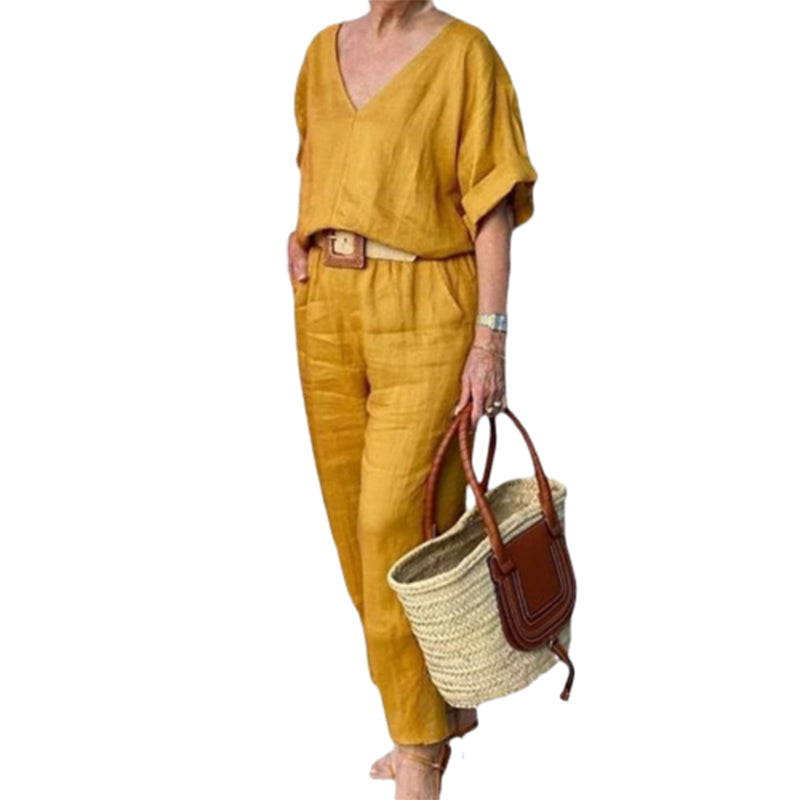 Corazon | Women's V-Neck Two-Piece Set With Straight-Leg Pants