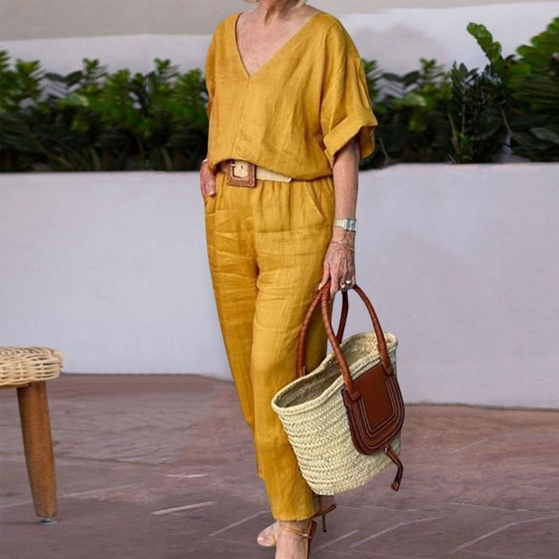 Corazon | Women's V-Neck Two-Piece Set With Straight-Leg Pants