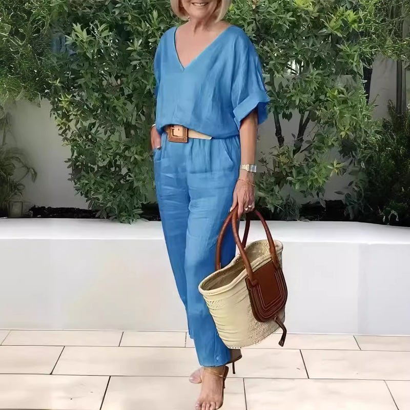 Corazon | Women's V-Neck Two-Piece Set With Straight-Leg Pants