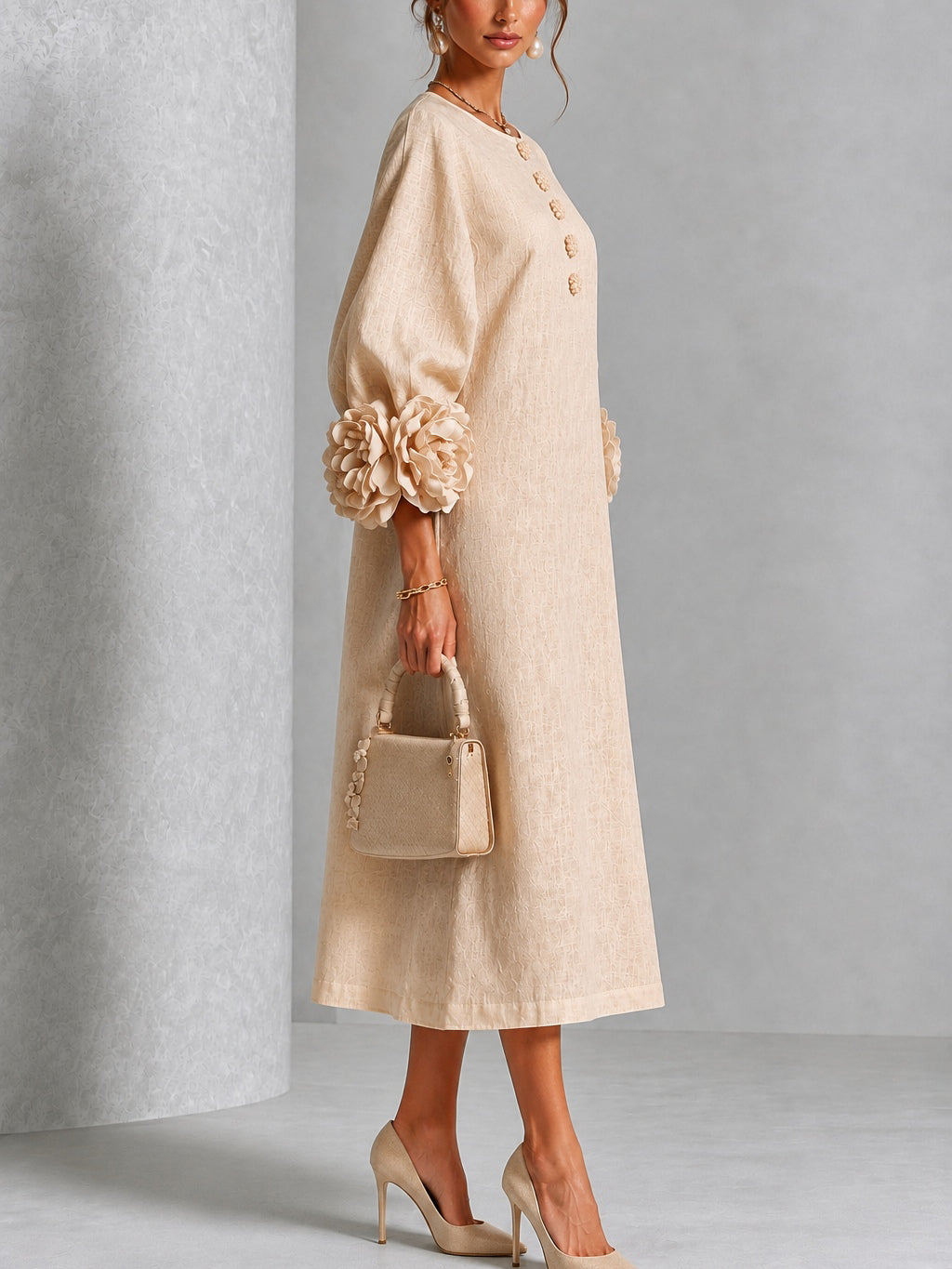 Daphne | Women's Rosette Cuff Button-Front Midi Dress