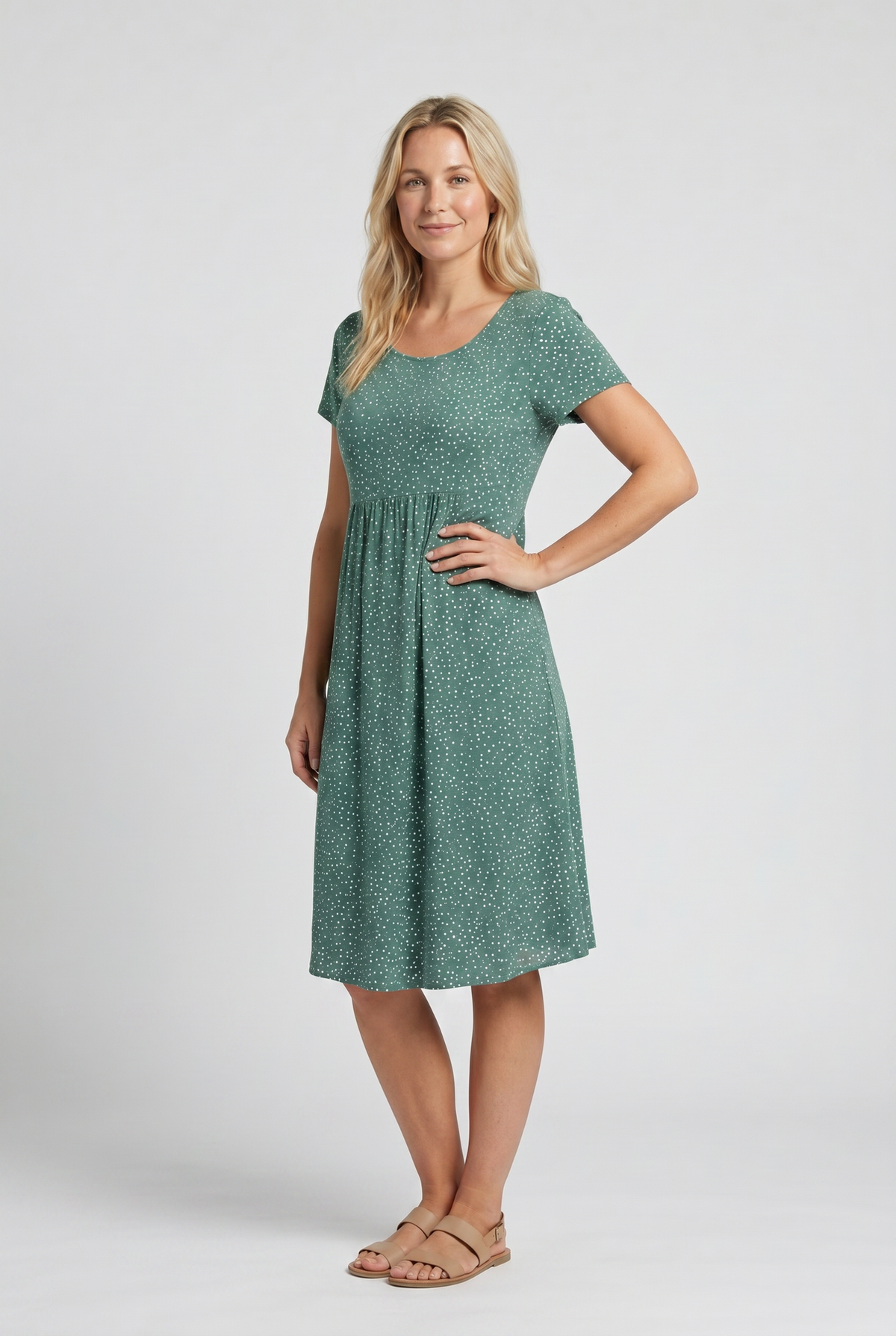 Elena | Women’s Short-Sleeve A-Line Midi Dress with V-Neckline
