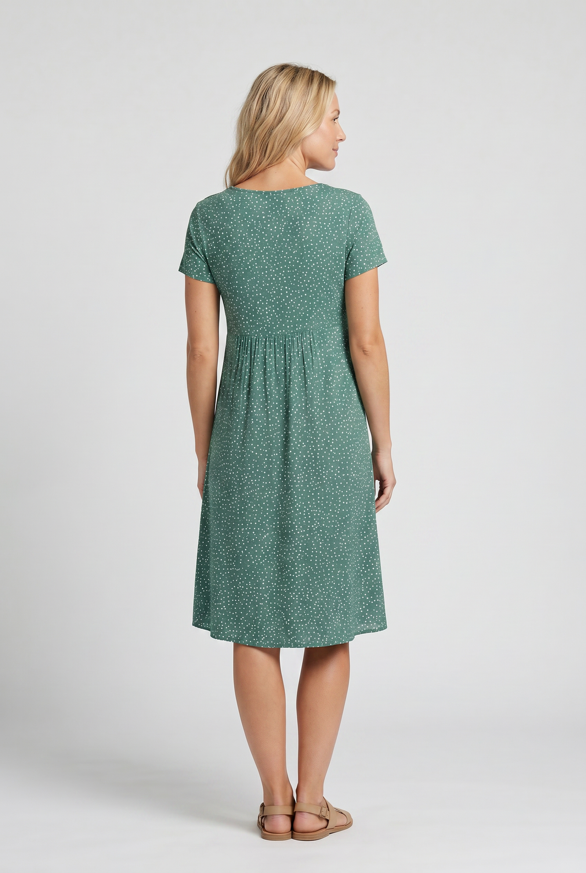 Elena | Women’s Short-Sleeve A-Line Midi Dress with V-Neckline