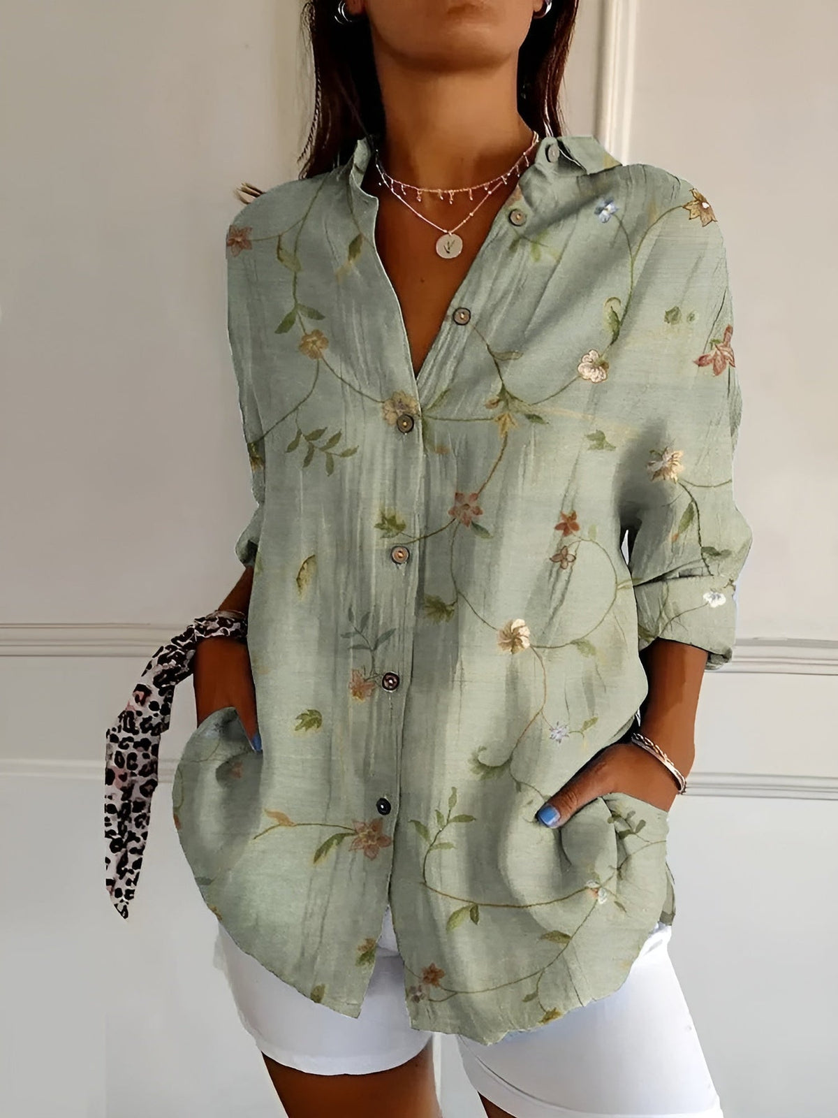 Eliana | Women's Abstract Print Split-Neck Blouse with Button Placket