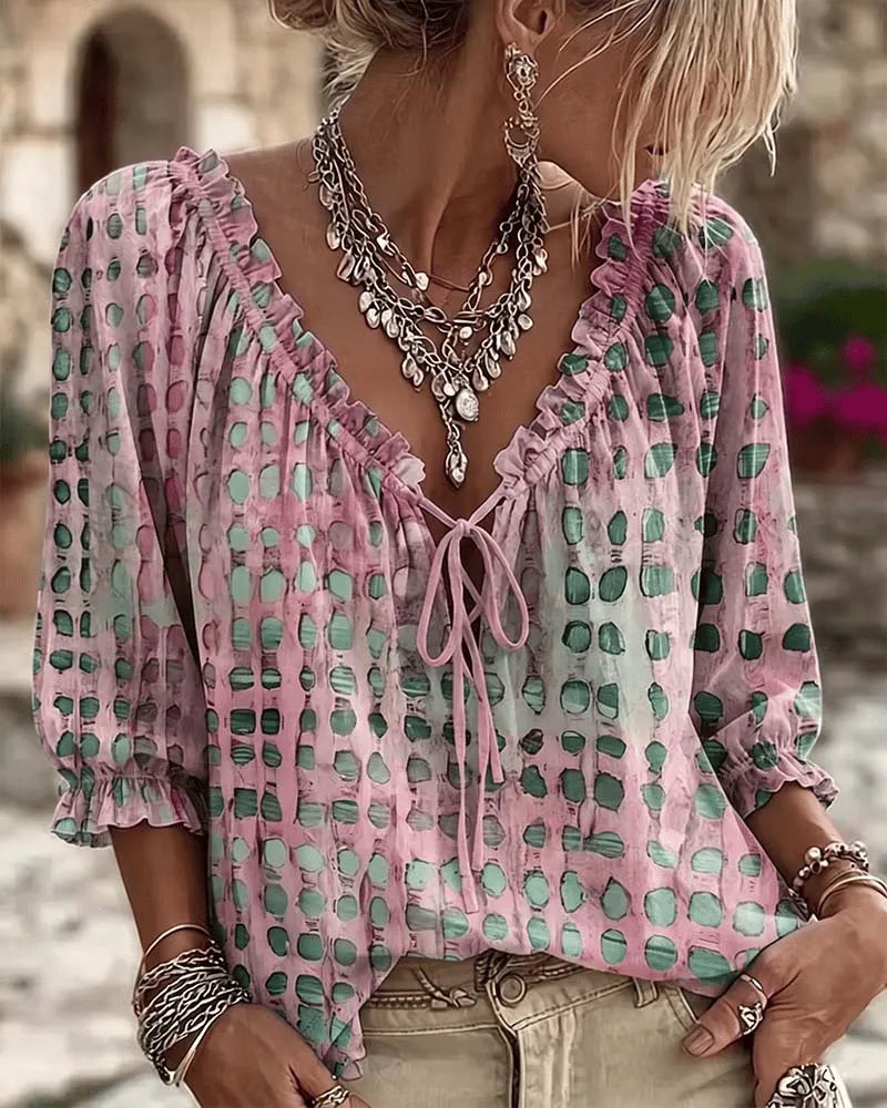 Elina | Polka Dot Lace-Up V-Neck Blouse