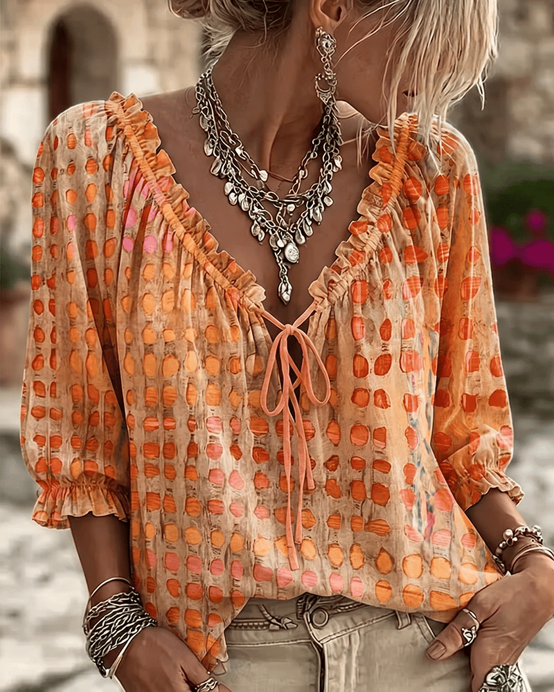 Elina | Polka Dot Lace-Up V-Neck Blouse