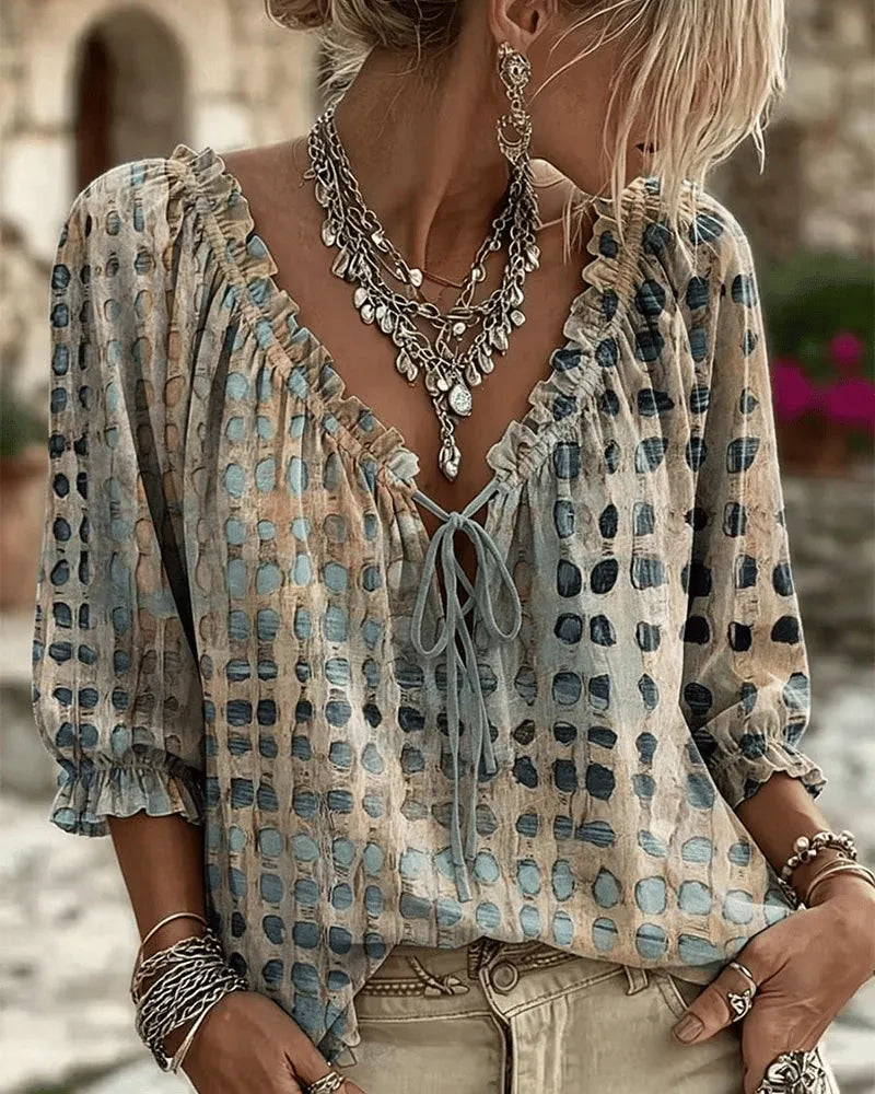 Elina | Polka Dot Lace-Up V-Neck Blouse