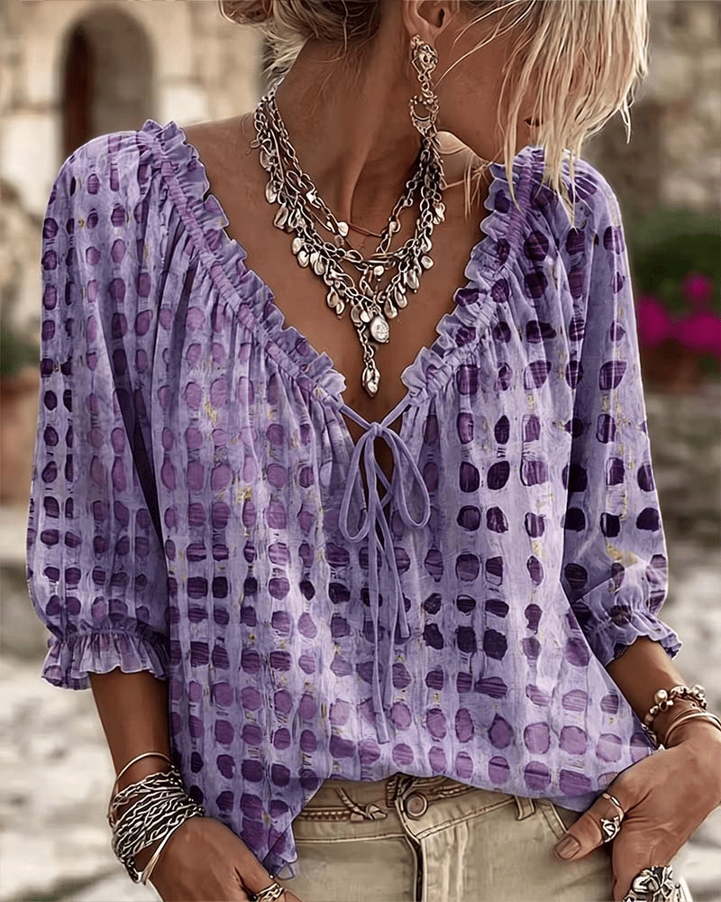 Elina | Polka Dot Lace-Up V-Neck Blouse