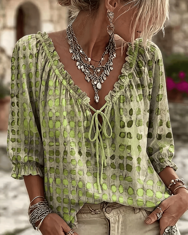 Elina | Polka Dot Lace-Up V-Neck Blouse