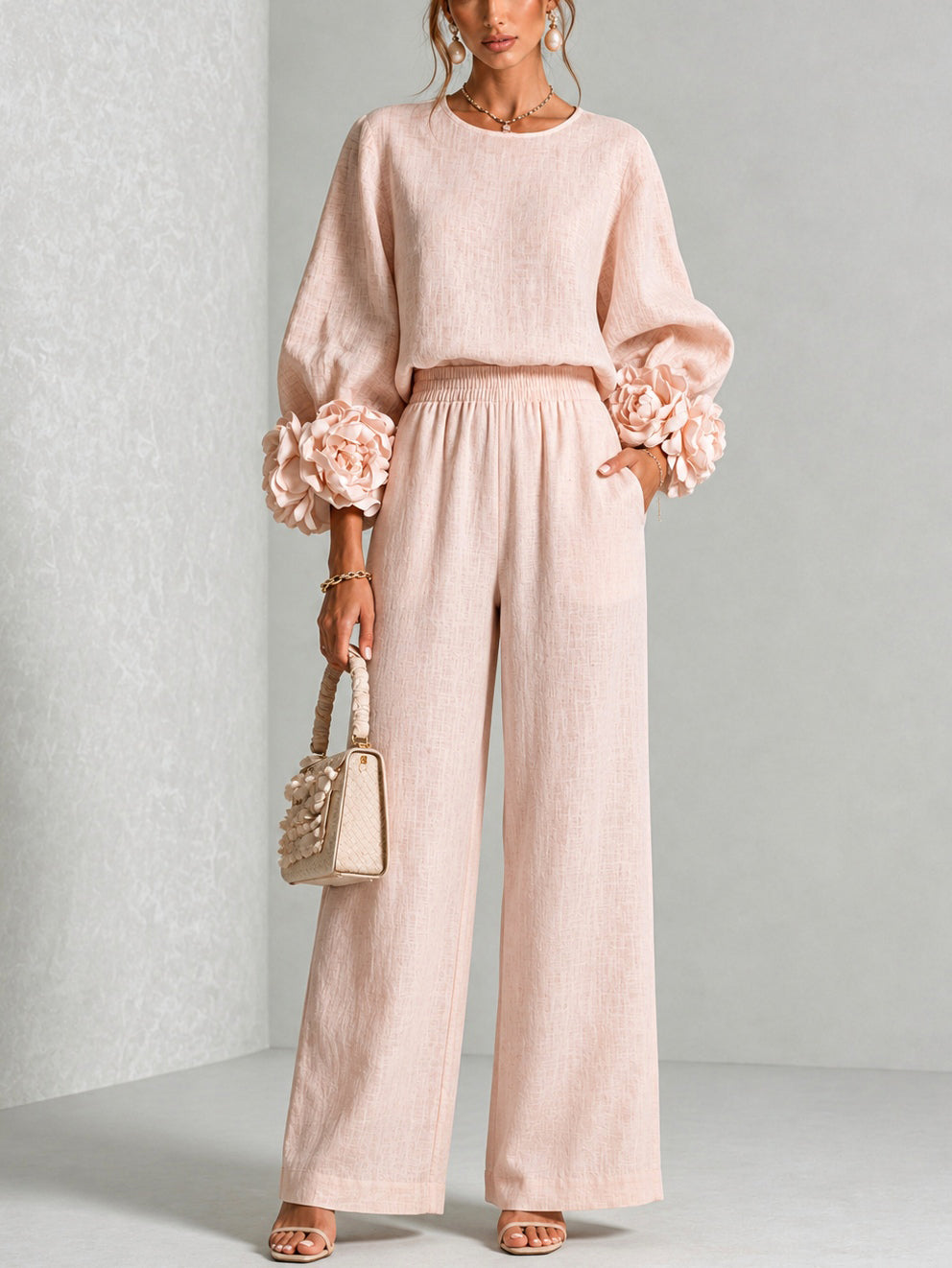 Elodie | Women's Floral Cuff Top and Wide-Leg Trouser Set