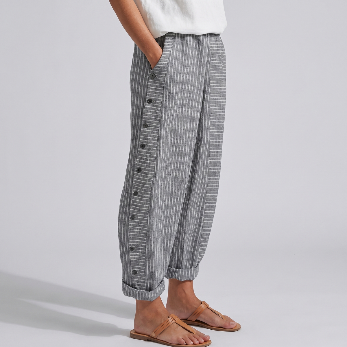 Elodie | Women's Pinstripe Trousers with Side Button Panel