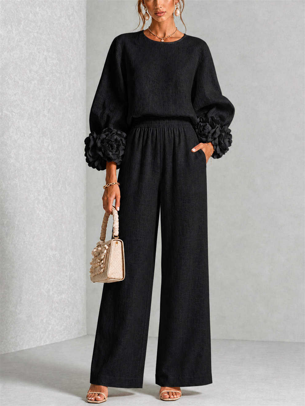 Elodie | Women's Floral Cuff Top and Wide-Leg Trouser Set