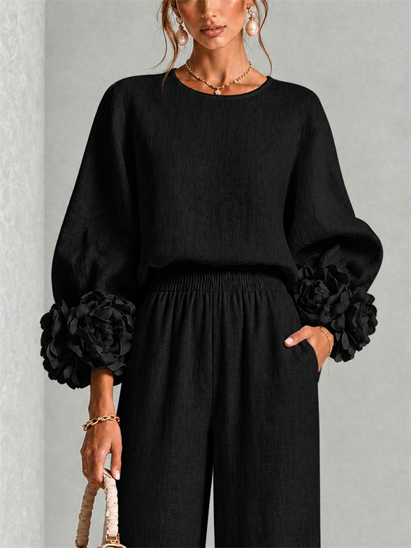 Elodie | Women's Floral Cuff Top and Wide-Leg Trouser Set