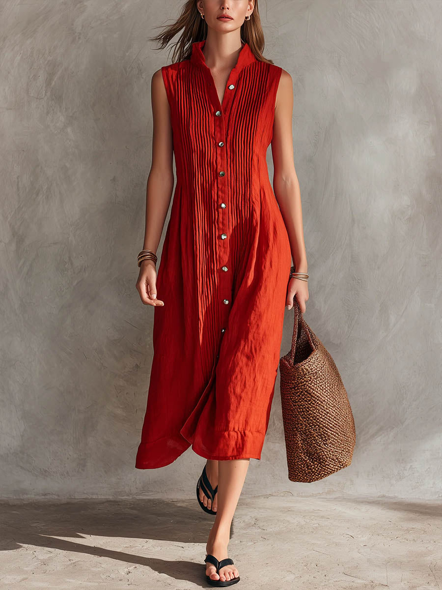 Elowyn | Sleeveless Pleated Button-Front Midi Dress