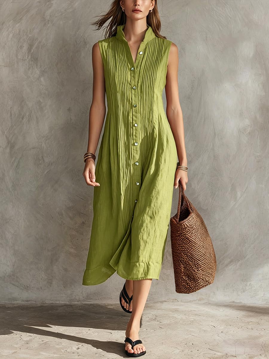 Elowyn | Sleeveless Pleated Button-Front Midi Dress