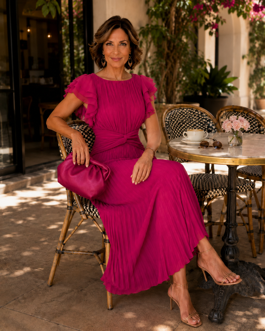 Emily | Women's Pleated Midi Dress with Flutter Sleeves and Knotted Waist