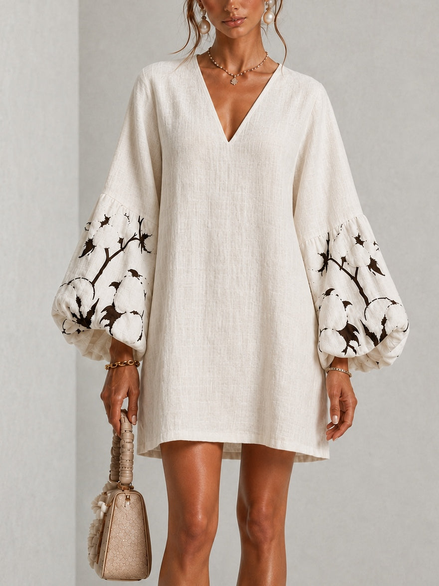 Estelle | Women's V-Neck Lantern Puff Sleeve Mini Dress