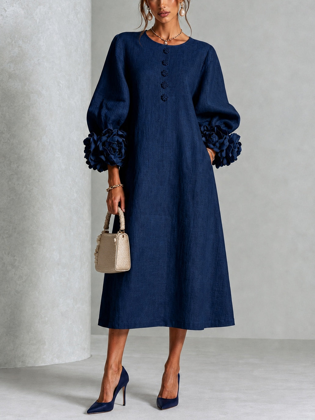 Evelyn | Women's Floral Button-Front A-Line Midi Dress