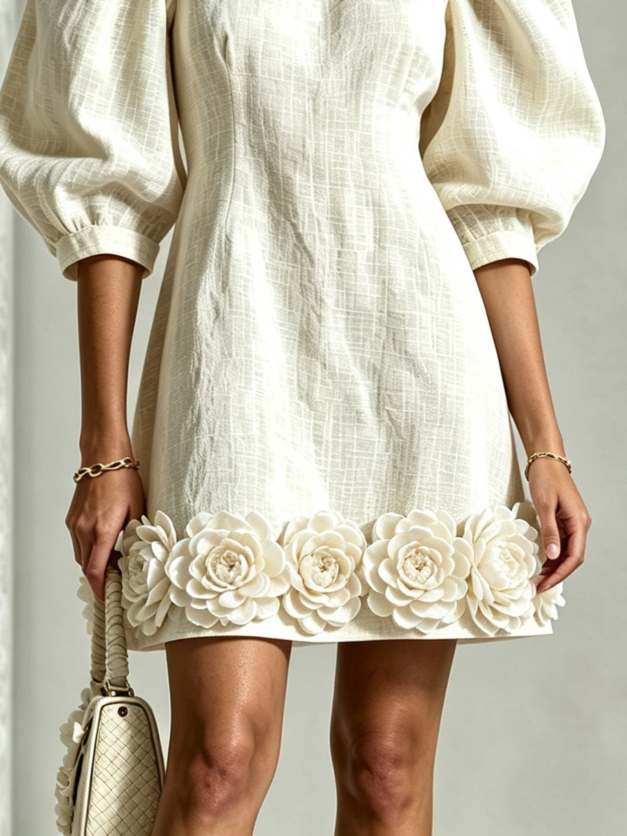 Fiona | Women's Floral Hem Puff Sleeve Mini Dress