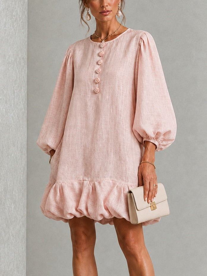 Genevieve | Women's Floral Button Puff Sleeve Bubble Hem Mini Dress