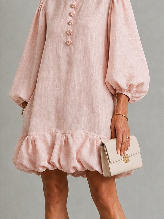 Genevieve | Women's Floral Button Puff Sleeve Bubble Hem Mini Dress