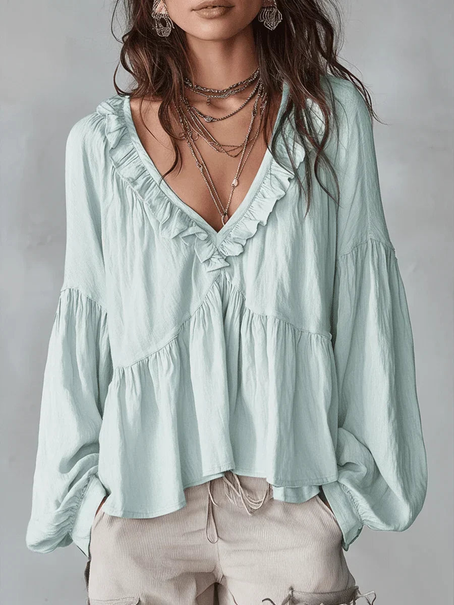 Harriet | Women's Boho Blouse with Ruffle V-Neck and Balloon Sleeves
