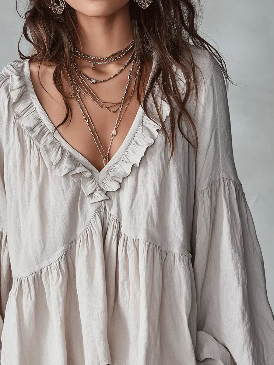 Harriet | Women's Boho Blouse with Ruffle V-Neck and Balloon Sleeves