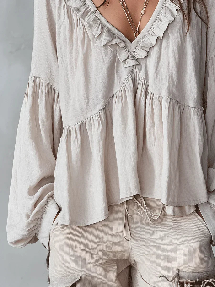 Harriet | Women's Boho Blouse with Ruffle V-Neck and Balloon Sleeves