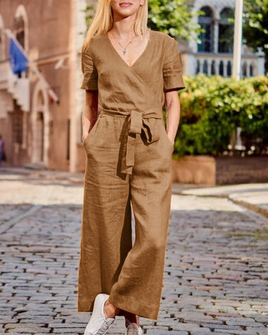 Harriet | Women's V-Neck Belted Jumpsuit with Short Sleeves