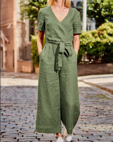 Harriet | Women's V-Neck Belted Jumpsuit with Short Sleeves
