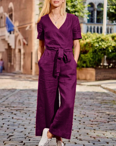 Harriet | Women's V-Neck Belted Jumpsuit with Short Sleeves