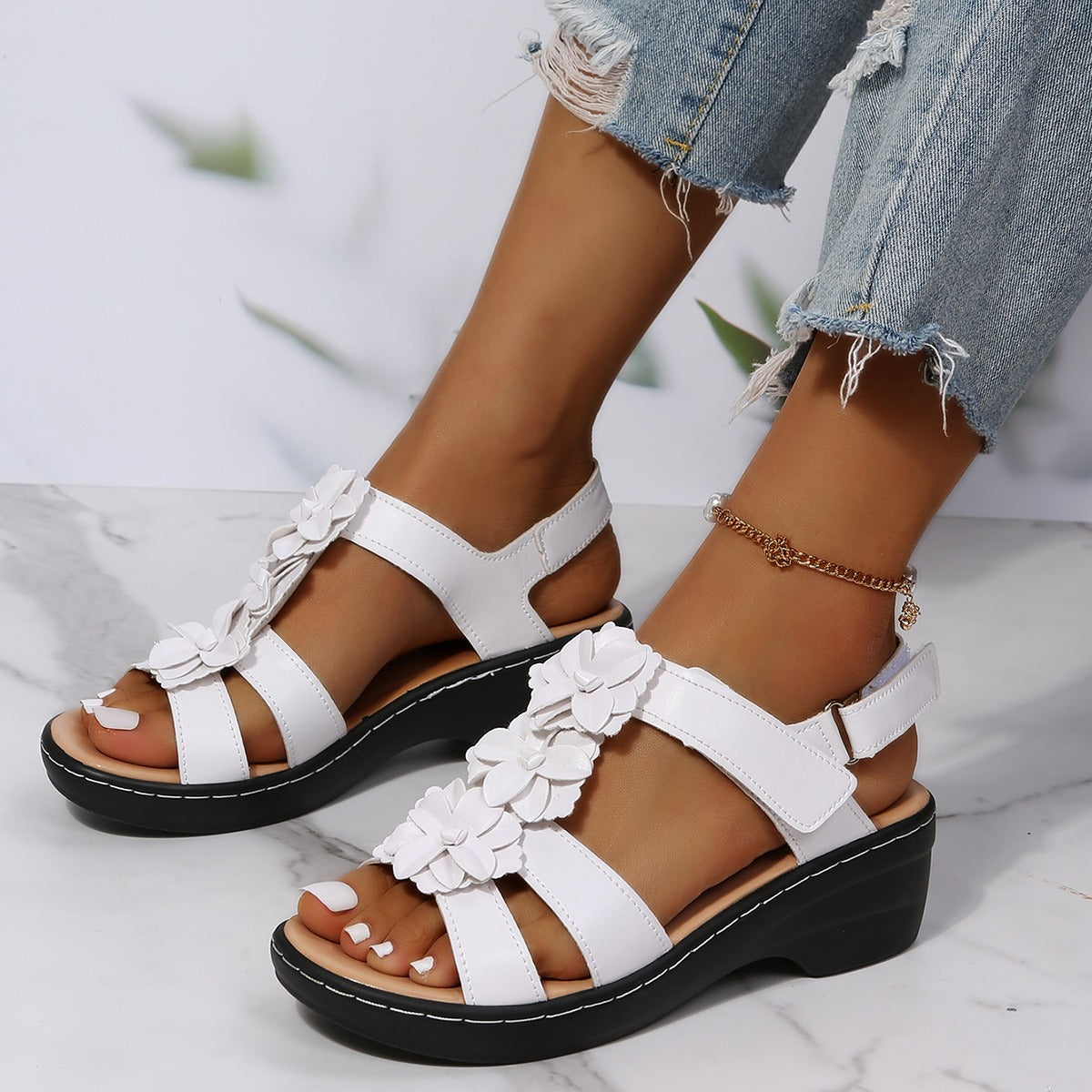 June | Women's Floral Ruffle Wedge Sandals With Ankle Strap