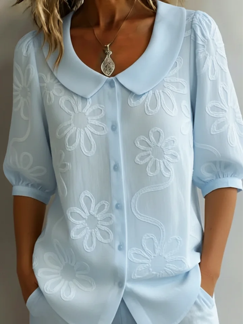 Krisha | Women's Floral Embroidered Blouse With Peter Pan Collar