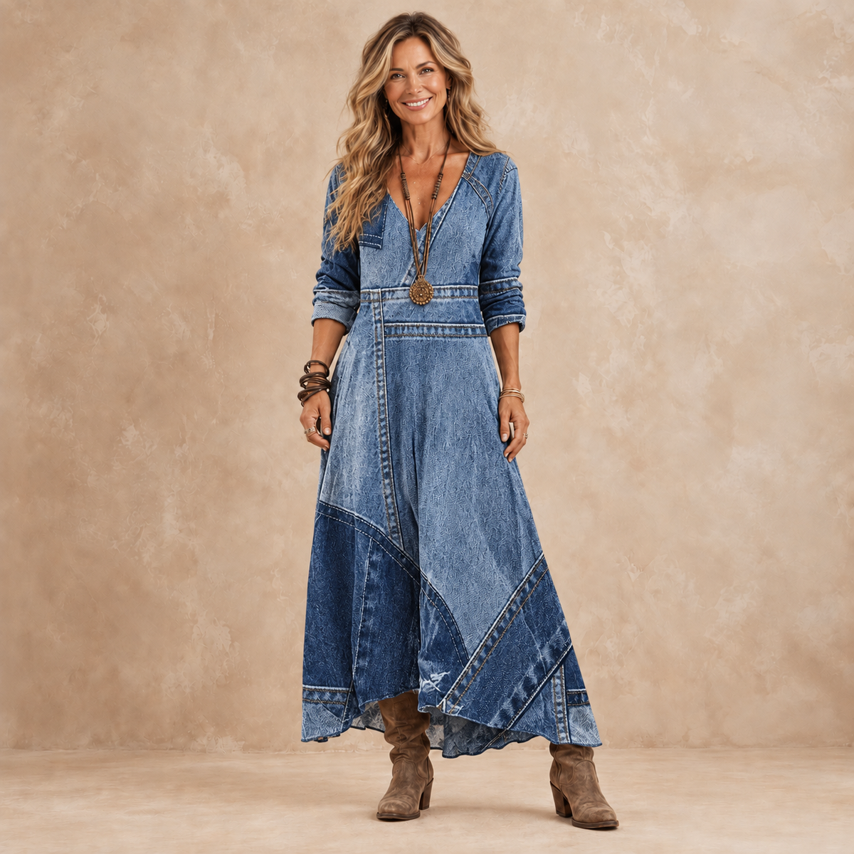 Lenora | Women’s Blue Patchwork Maxi Dress with V-Neck and Long Sleeves