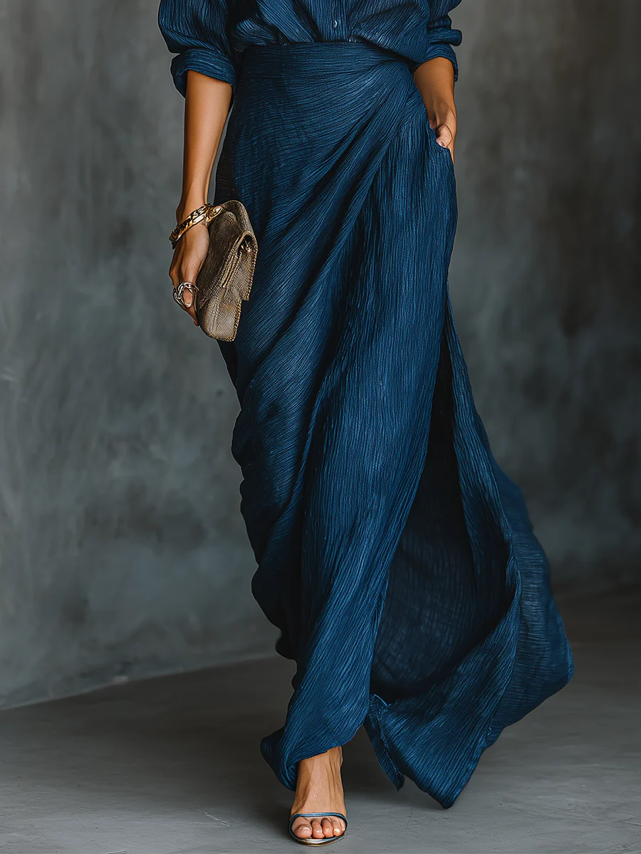 Lenora | Women’s Draped Two-Piece Maxi Skirt Set with Long Sleeves