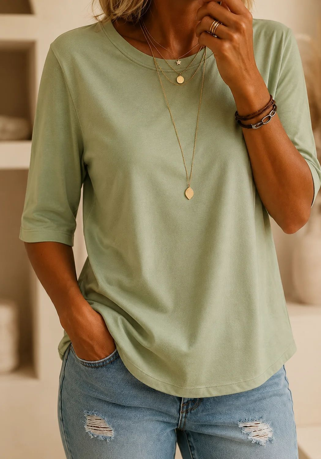 Leona | Women's Relaxed Half-Sleeve Round-Neck T-Shirt