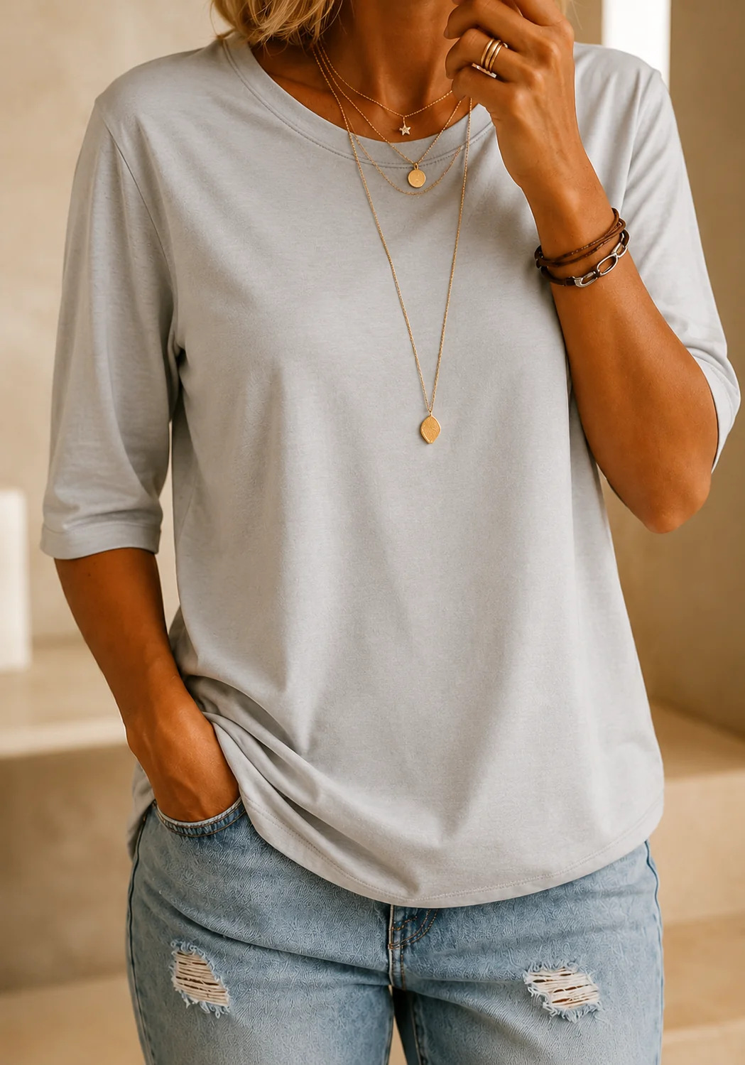 Leona | Women's Relaxed Half-Sleeve Round-Neck T-Shirt