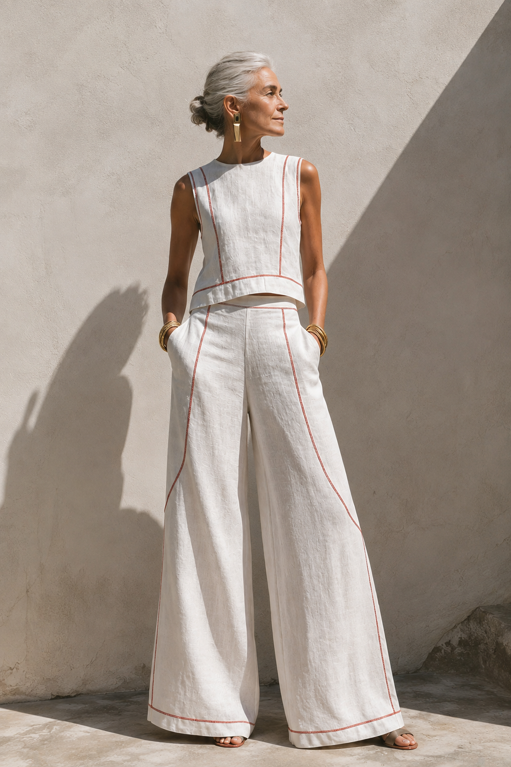 Livia | Contrast-Stitched Wide-Leg Pants Set