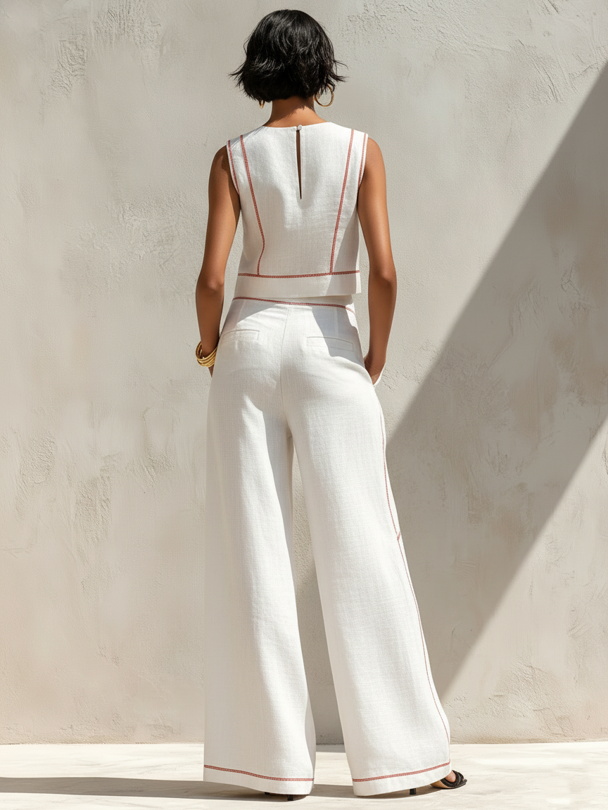 Livia | Contrast-Stitched Wide-Leg Pants Set