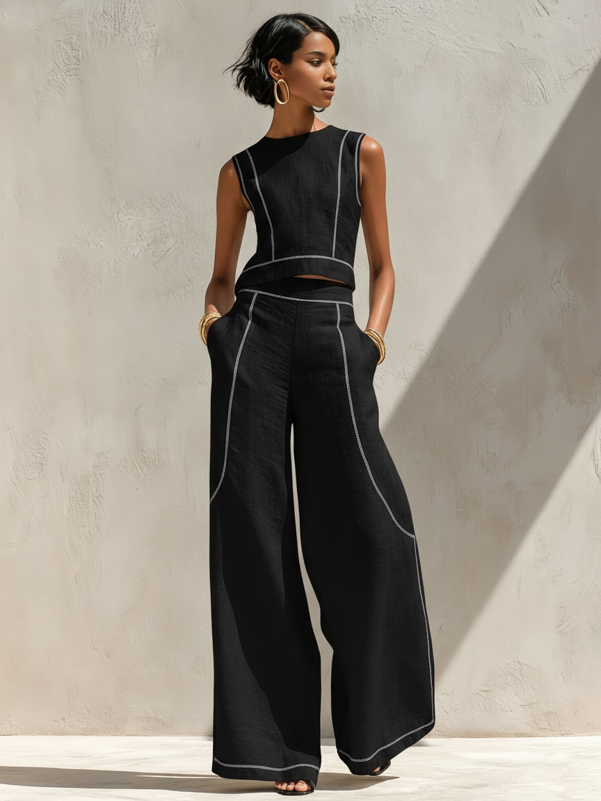 Livia | Contrast-Stitched Wide-Leg Pants Set